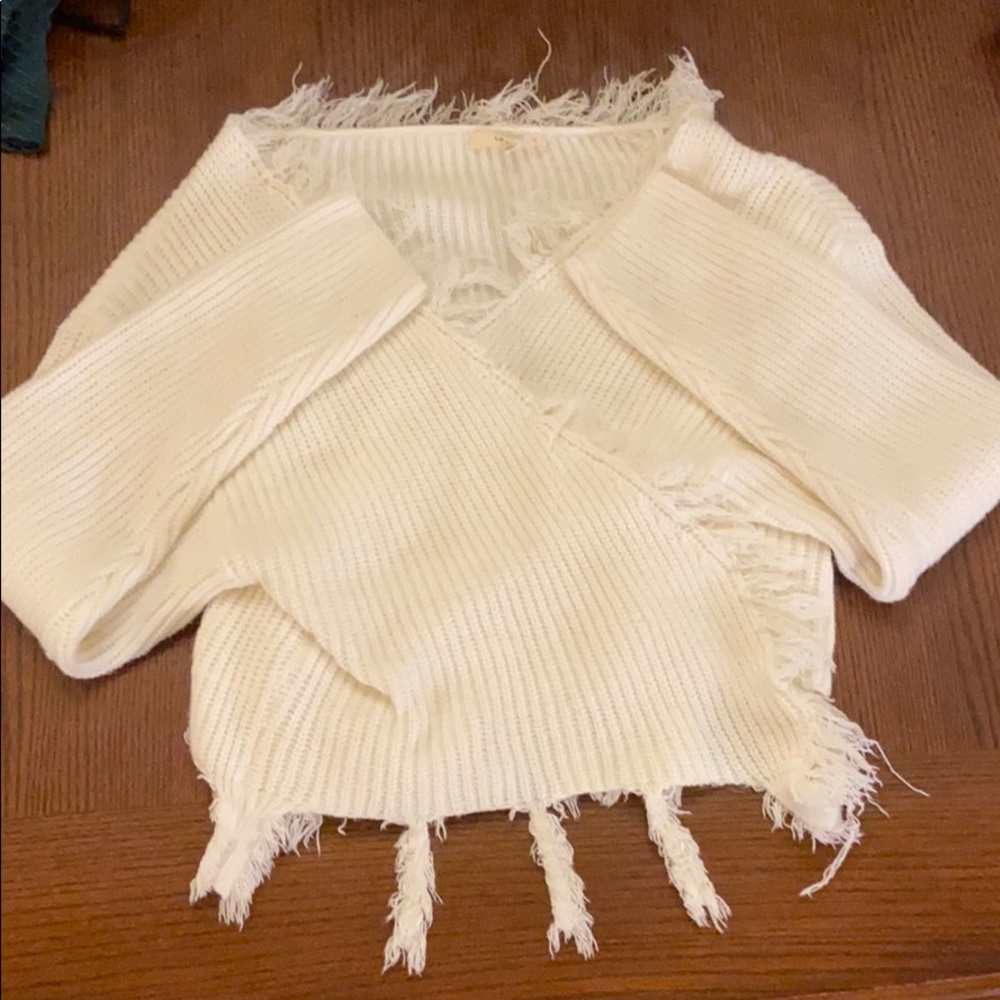 Tie White Fringe Sweater